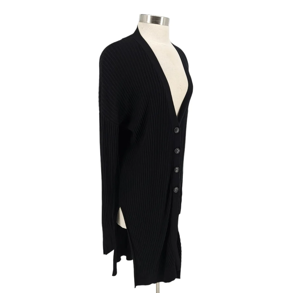 John + Jenn Tunic Sweater Cardigan Black Long Sleeve Rib Knit VNeck Button Large - Picture 2 of 5
